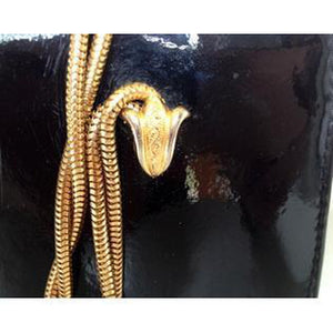 Vintage 60s Black Patent Leather Dainty Little Handbag w/ Short Twisted Gilt Snake Chain Handles Made In England By Wiklorbag-Vintage Handbag, Clutch Bag-Brand Spanking Vintage