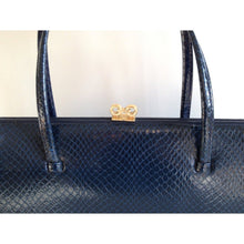 Load image into Gallery viewer, Vintage 60s Faux Snakeskin patent Leather Bag In Dark Teal Blue/French Navy-Vintage Handbag, Kelly Bag-Brand Spanking Vintage
