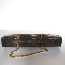 Load image into Gallery viewer, Vintage 70s Clutch Bag In Snake, Suede Leather And Lizard Skin, A Harlequin Patchwork Clutch Bag w/ Optional Gilt Chain In Rich Chocolate Browns-Vintage Handbag, Exotic Skins-Brand Spanking Vintage
