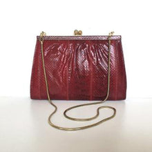 Load image into Gallery viewer, Vintage 70s Dainty Deep Red Snakeskin Clutch Bag, w/ Gilt Kisslock Clasp And Optional Snake Shoulder Chain By Cano (Copy)-Vintage Handbag, Exotic Skins-Brand Spanking Vintage