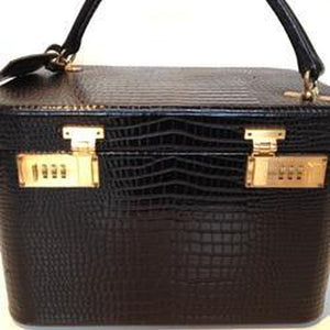 RESERVED Vintage 70s/80s Black Leather Faux Crocodile Vanity Case/Train Case By Tanner Krolle Made In England For Harrods-Vintage Handbag, Large Handbag-Brand Spanking Vintage