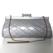 Load image into Gallery viewer, Vintage 70s/80s Elegant Grey Leather Quilted Clutch Bag w/ Dainty Barrel Leather And Gilt Clasp And Optional Fold Out Chain By Jane Shilton-Vintage Handbag, Clutch Bag-Brand Spanking Vintage