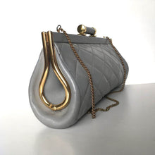Load image into Gallery viewer, Vintage 70s/80s Elegant Grey Leather Quilted Clutch Bag w/ Dainty Barrel Leather And Gilt Clasp And Optional Fold Out Chain By Jane Shilton-Vintage Handbag, Clutch Bag-Brand Spanking Vintage