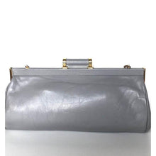 Load image into Gallery viewer, Vintage 70s/80s Elegant Grey Leather Quilted Clutch Bag w/ Dainty Barrel Leather And Gilt Clasp And Optional Fold Out Chain By Jane Shilton-Vintage Handbag, Clutch Bag-Brand Spanking Vintage
