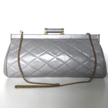 Load image into Gallery viewer, Vintage 70s/80s Elegant Grey Leather Quilted Clutch Bag w/ Dainty Barrel Leather And Gilt Clasp And Optional Fold Out Chain By Jane Shilton-Vintage Handbag, Clutch Bag-Brand Spanking Vintage