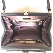 Load image into Gallery viewer, Vintage Exquisite Waldybag Handbag In Grey Leather w/ Ornate Gilt Clasp And Motif Grape Silk Lining w/ Matching Coin Purse-Vintage Handbag, Kelly Bag-Brand Spanking Vintage