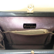 Load image into Gallery viewer, Vintage Exquisite Waldybag Handbag In Grey Leather w/ Ornate Gilt Clasp And Motif Grape Silk Lining w/ Matching Coin Purse-Vintage Handbag, Kelly Bag-Brand Spanking Vintage