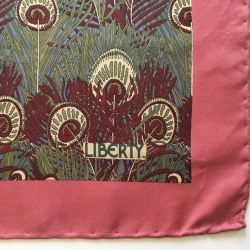 Vintage Liberty of London silk 'Hera' peacok feather scarf in pink, green, wine and blue with hand rolled hems-Scarves-Brand Spanking Vintage