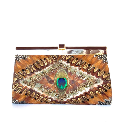 Fabulous Vintage 60s/70s Rare Peacock Feather Clutch Bag w/ Fold Out Handle in Copper Brown and Gold-Vintage Handbag, Clutch Bag-Brand Spanking Vintage