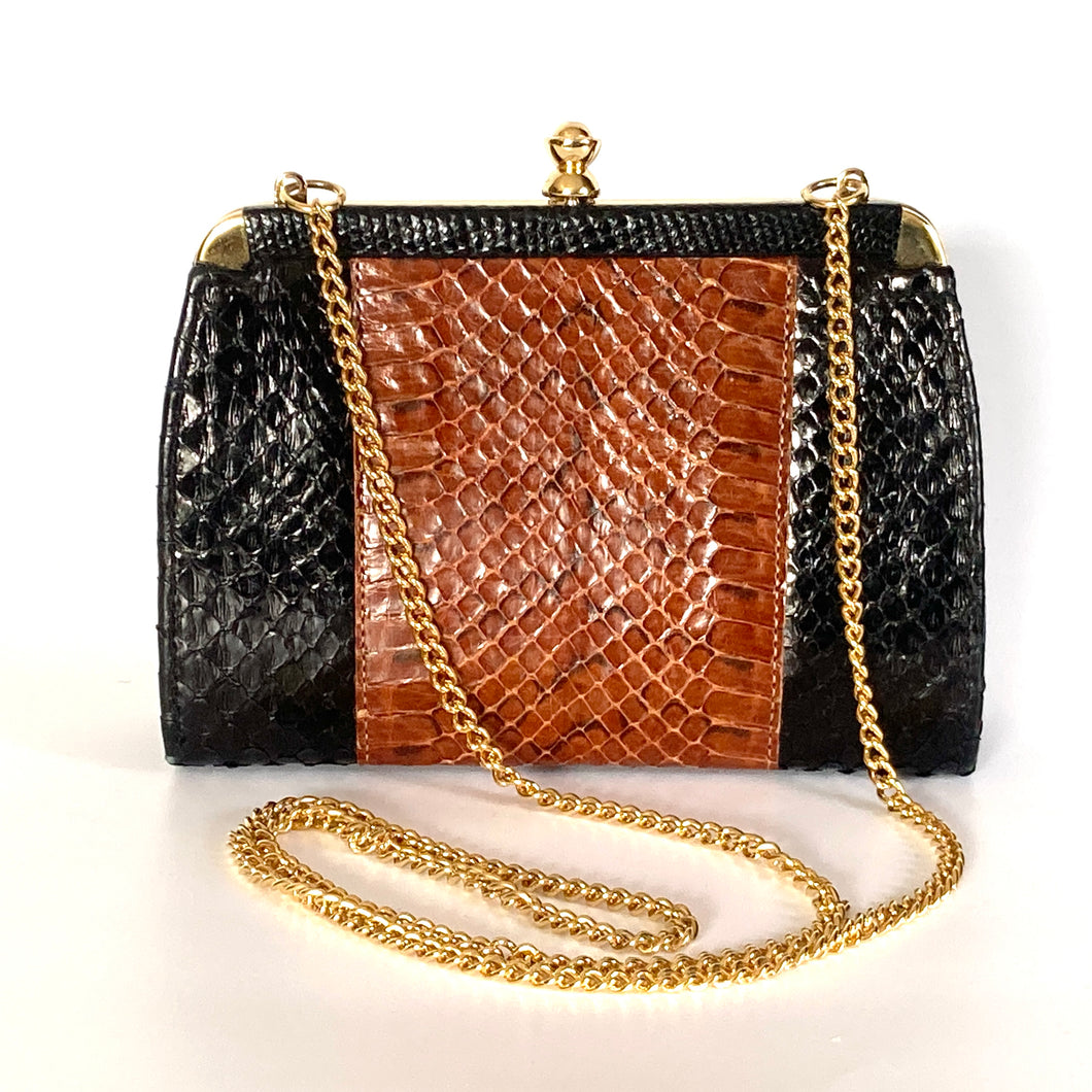 Vintage Snakeskin Clutch/Chain Bag in Black/Rust Brown Made in England-Vintage Handbag, Clutch bags-Brand Spanking Vintage
