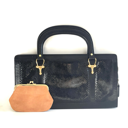 Vintage 70s Large Black Snakeskin/Leather Top Handle Bag w/Coin Purse-Vintage Handbag, Top Handle Bag-Brand Spanking Vintage