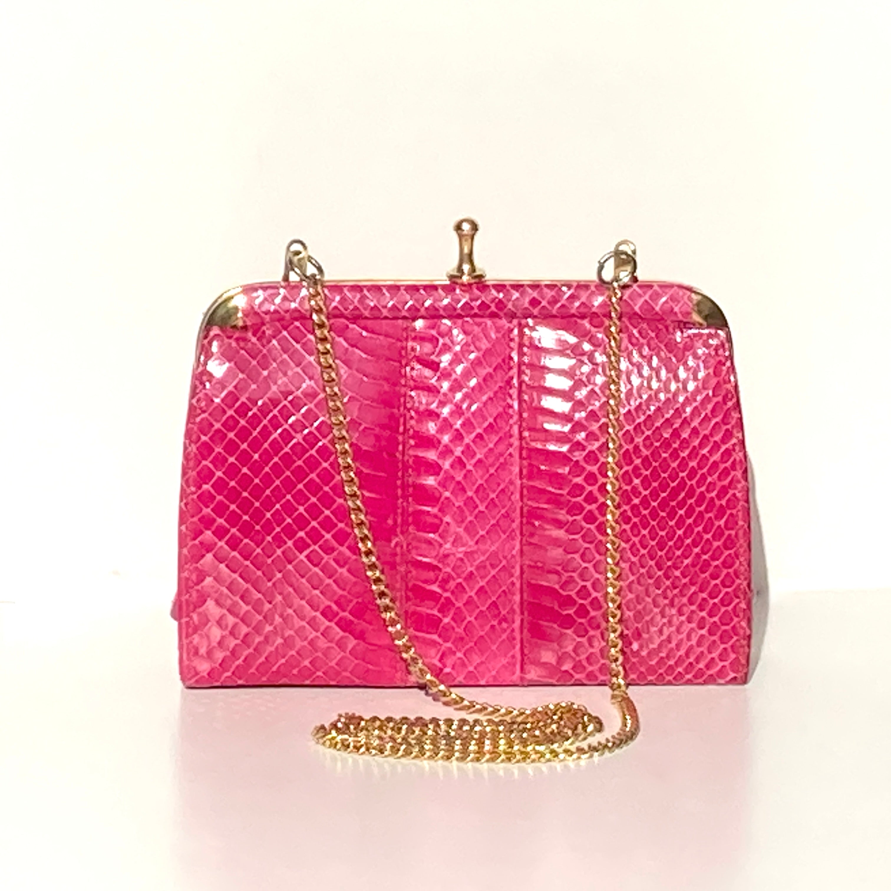 Vintage Fuchsia Pink Snakeskin Clutch Bag with Fold In Chain and