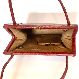 Vintage 60s/70s Rare Raspberry Red Lizard Skin Handbag w/ Coin Purse By Waldybag-Vintage Handbag, Exotic Skins-Brand Spanking Vintage