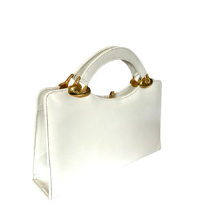 Vintage 70s White Leather Handbag w/ Leather Covered Top Handles/Gilt Clasp By Eros-Vintage Handbag, Top Handle bag-Brand Spanking Vintage