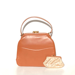 Elegant Vintage 50s/60s Ginger/Tan Leather Top Handle Bag/Coin Purse By Harrods-Vintage Handbag, Top Handle Bag-Brand Spanking Vintage