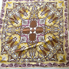 Load image into Gallery viewer, Large Liberty of London Silk Scarf in Ianthe Design in Gold, Yellow, Copper Brown, Plum and Ivory-Scarves-Brand Spanking Vintage
