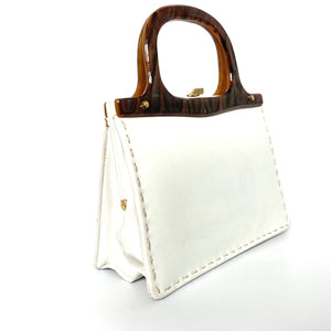 Vintage 60s/70s White Patent Leather Handbag with Lucite Handles by Widegate-Vintage Handbag, Top Handle Bag-Brand Spanking Vintage