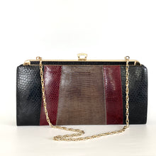 Load image into Gallery viewer, Vintage 70s/80s Clutch Bag In Black/Taupe/Burgundy Lizard Skin w/ Optional Gilt Handle and Chain Made in England-Vintage Handbag, Clutch bags-Brand Spanking Vintage
