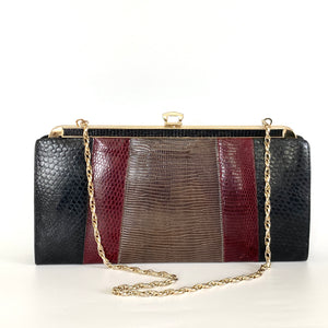Vintage 70s/80s Clutch Bag In Black/Taupe/Burgundy Lizard Skin w/ Optional Gilt Handle and Chain Made in England-Vintage Handbag, Clutch bags-Brand Spanking Vintage