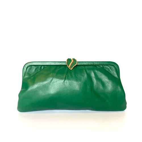 Vintage 60s/70s Emerald Green Leather Clutch Bag Gilt 'Leaf' Clasp by Jane Shilton Made in England-Vintage Handbag, Clutch Bag-Brand Spanking Vintage