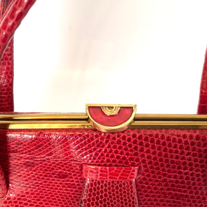 Vintage 50s Dainty Red Lizard Skin Top Handle Bag Handbag with Coin Purse-Vintage Handbag, Exotic Skins-Brand Spanking Vintage