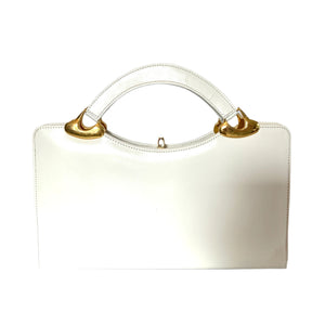 Vintage 70s White Leather Handbag w/ Leather Covered Top Handles/Gilt Clasp By Eros-Vintage Handbag, Top Handle bag-Brand Spanking Vintage