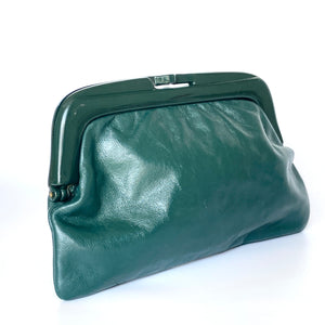 Vintage 70s Forest Green Leather Clutch Bag Green Lucite Frame/Clasp Made in Italy-Vintage Handbag, Clutch Bag-Brand Spanking Vintage