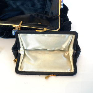 Vintage 50s Luxurious Black Silk Velvet, Blue Pearl Clasp Waldybag Evening Bag w/ Silk Coin Purse-Vintage Handbag, Evening Bag-Brand Spanking Vintage