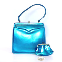 Load image into Gallery viewer, Vintage 50s Beautiful &#39;Kingfisher&#39; Turquoise Blue Green Pearlescent Bag with Matching Purse by Lodix-Vintage Handbag, Top Handle Bag-Brand Spanking Vintage
