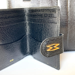 Vintage 60s/70s Black Lizard Skin Top Handle Bag w/Gilt Clasp And Matching Lizard Wallet By Mappin & Webb-Vintage Handbag, Exotic Skins-Brand Spanking Vintage