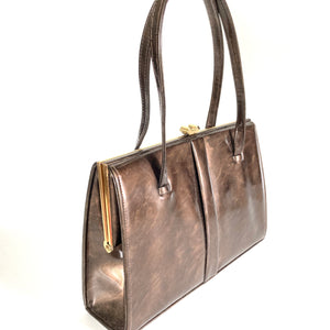 Vintage Handbag 60s/70s In Chocolate Brown Mottled Patent Leather by Meadows Regent St-Vintage Handbag, Top Handle Bag-Brand Spanking Vintage