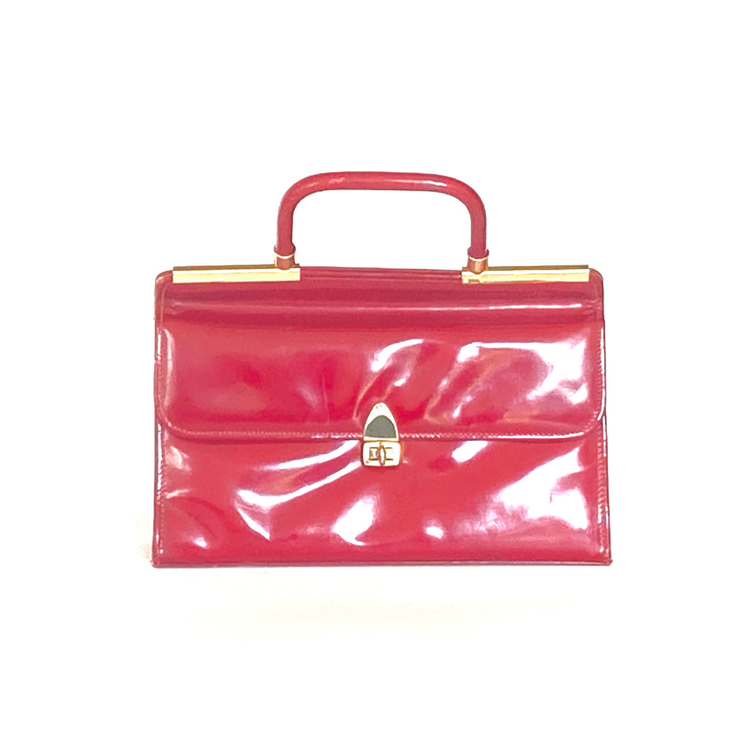 Vintage 60s/70s Lipstick Red Patent Leather Handbag By Holmes Of Norwich-Vintage Handbag, Kelly Bag-Brand Spanking Vintage