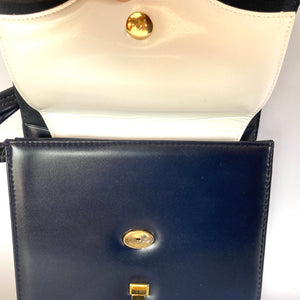 Vintage 60s/70s Navy/White Handbag In Smooth Navy Faux Leather Adjustable Handle-Vintage Handbag, Top Handle Bag-Brand Spanking Vintage