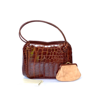 Vintage 50s/60s Handbag in Brown Crocodile Skin/Leather w/Matching Coin Purse by Waldybag-Vintage Handbag, Top Handle Bag-Brand Spanking Vintage