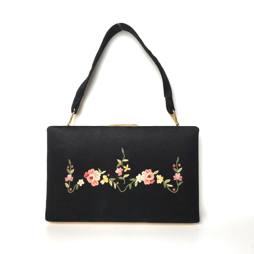 Adorable Vintage 40s/50s Black Satin Embroidered Minaudiere Carry All Evening Bag Werber WW Paris-Vintage Handbag, Evening Bag-Brand Spanking Vintage