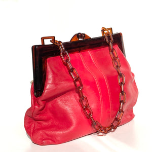 Vintage 80s Large Lipstick Red Leather Dolly Bag, Handbag w Lucite Frame/Chain Middx-Vintage Handbag, Clutch Bag,dolly bag-Brand Spanking Vintage