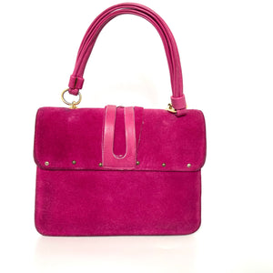 Vintage 60s/70s Fuschia Pink Suede and Leather Jackie O Top Handle Bag-Vintage Handbag, Kelly Bag-Brand Spanking Vintage