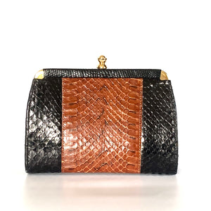 Vintage Small Snakeskin Clutch Bag with Fold In Chain Handle in Black/Rust Brown Made in England-Vintage Handbag, Clutch bags-Brand Spanking Vintage