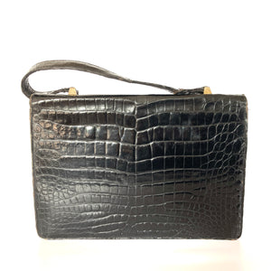 Vintage 40s/50s Large Black Porosus Crocodile Skin Handbag w/ Gilt Clasp-Vintage Handbag, Kelly Bag-Brand Spanking Vintage