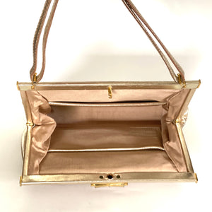 Vintage 60s Elegant Gold Leather/Gold Mesh Evening/Occasion Bag By Rayne-Vintage Handbag, Evening Bag-Brand Spanking Vintage
