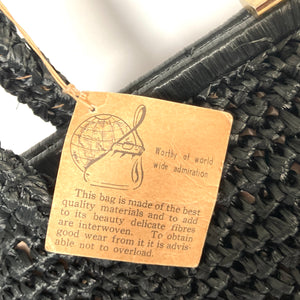 Vintage 60s Large Black Raffia Style Handbag/Top Handle w/Gilt Clasp by Rubella-Vintage Handbag, Dolly Bag-Brand Spanking Vintage