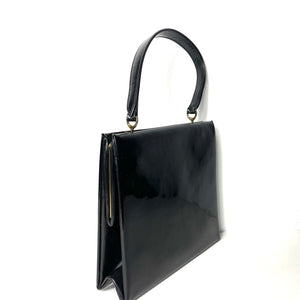 Vintage 50s/60s Black Patent Leather Classic Top Handle Bag Side Clasp Waldybag-Vintage Handbag, Top Handle Bag-Brand Spanking Vintage