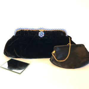 RESERVED Vintage 50s Luxurious Black Silk Velvet, Blue Pearl Clasp Waldybag Evening Bag w/ Silk Coin Purse-Vintage Handbag, Evening Bag-Brand Spanking Vintage