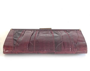 Vintage 70s Burgundy Red Snakeskin Clutch Bag, w/ Gilt Fold Out Handle-Vintage Handbag, Clutch Bag-Brand Spanking Vintage