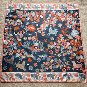 Large Vintage 70s Bayron Silk Scarf in Rich Airforce Blue, Pink, Orange and Ivory-Scarves-Brand Spanking Vintage