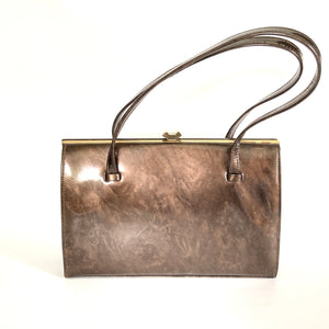 Vintage Handbag 60s/70s In Chocolate Brown Mottled Patent Leather by Meadows Regent St-Vintage Handbag, Top Handle Bag-Brand Spanking Vintage