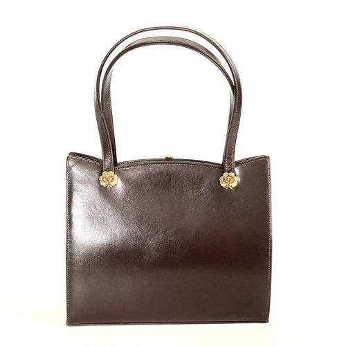 Vintage 60s/70s Dainty Brown Leather Top Handle Bag By Waldybag with Gilt Rose Detail-Vintage Handbag, Top Handle Bag-Brand Spanking Vintage