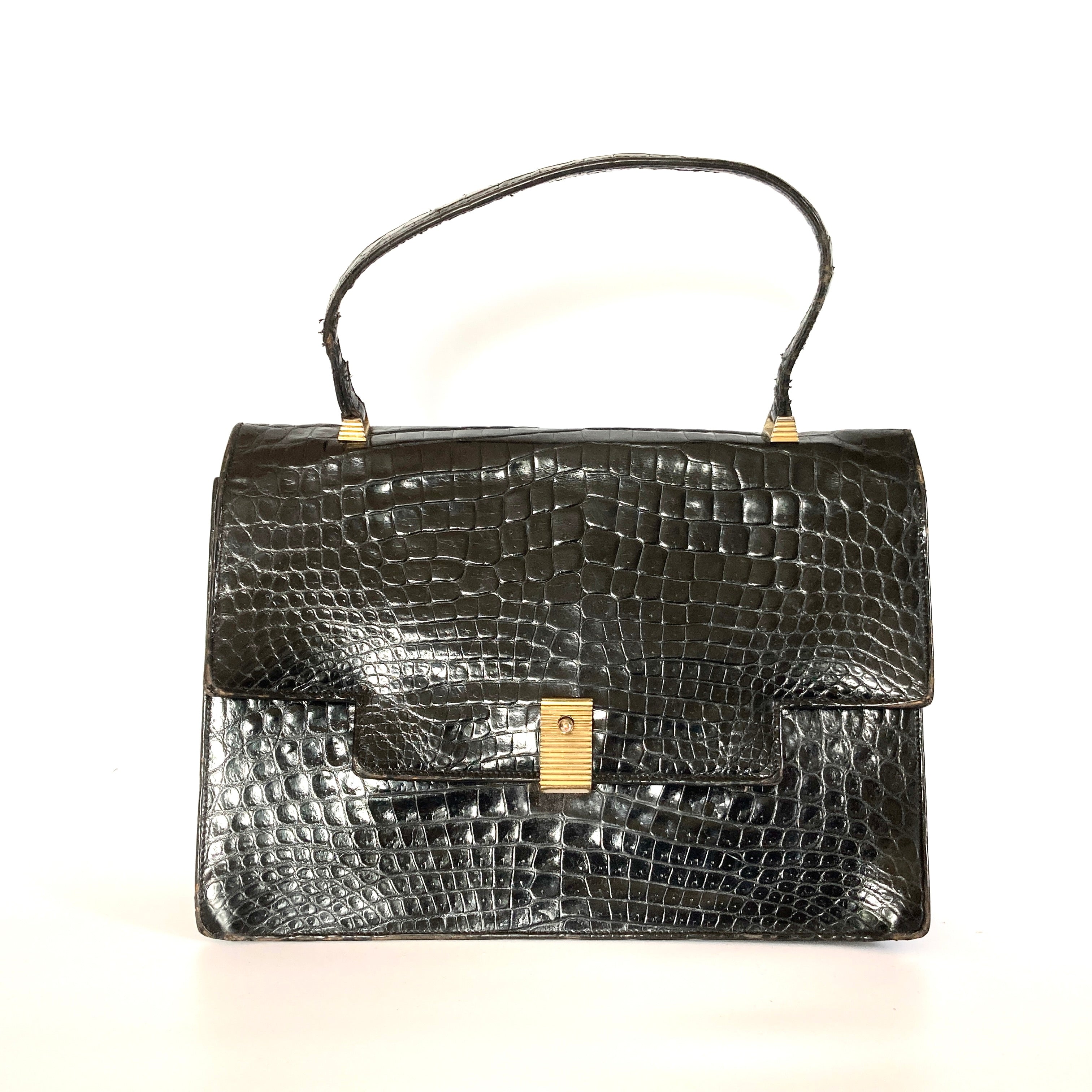 Vintage 40s/50s Large Black Porosus Crocodile Skin Handbag w/ Gilt
