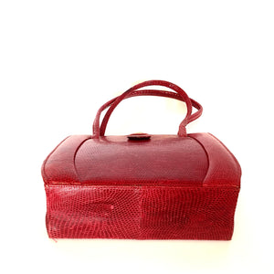 Vintage 50s Dainty Red Lizard Skin Top Handle Bag Handbag with Coin Purse-Vintage Handbag, Exotic Skins-Brand Spanking Vintage