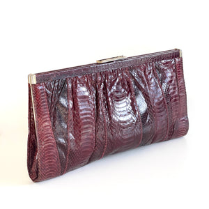 Vintage 70s Burgundy Red Snakeskin Clutch Bag, w/ Gilt Fold Out Handle-Vintage Handbag, Clutch Bag-Brand Spanking Vintage